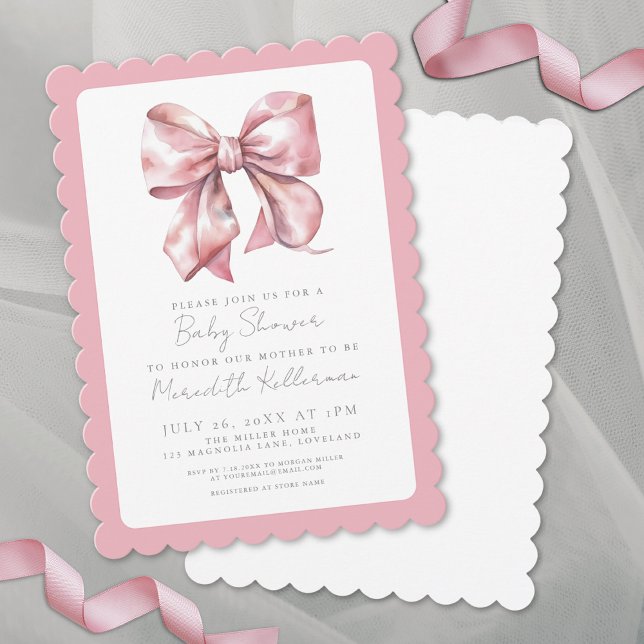Invitation Filles Élégantes Rose Bébé Naissance Rose Bow (Elegant Girls Pink Bow Baby Shower Invitation)
