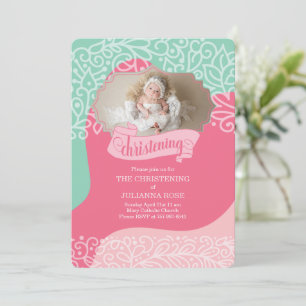 Invitation Filles en rose et vert de mer avec Christening pho