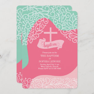 Invitation Filles en rose et vert de mer avec le baptême croi