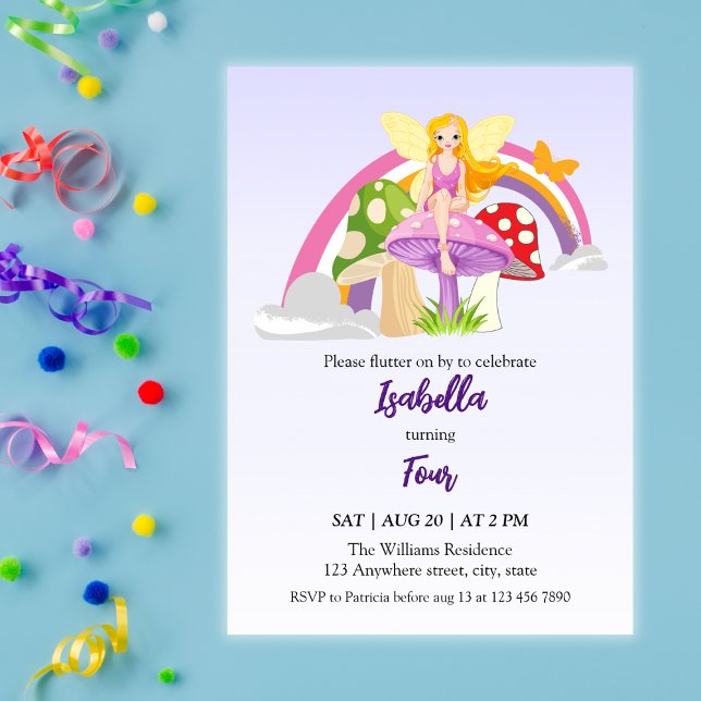 Invitation Filles Fée Champignon Arc-en-ciel Anniversaire  (Créateur téléchargé)