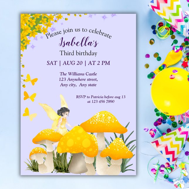 Invitation Filles Fée Jaune Champignon Papillon Anniversaire (Créateur téléchargé)