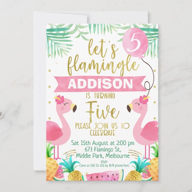 Invitation Filles Félicitons flamingle flamant 5e anniversair (Devant)