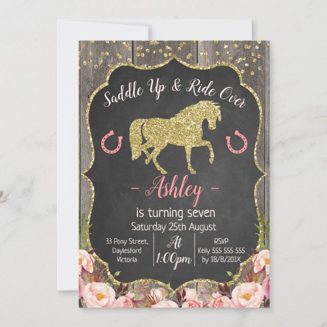 Invitation Filles Floral Parties scintillant Cheval Anniversa (Devant)