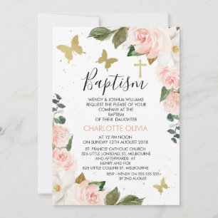 Invitation Filles Floral Rose Et Papillons D'Or Baptême