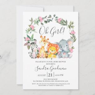 Invitation Filles Floral Wreath Safari Animaux Baby shower