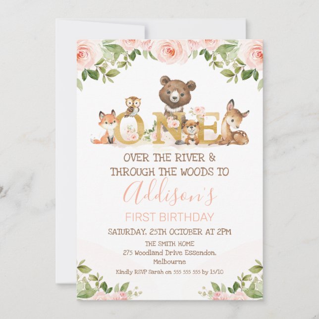 Invitation Filles florales roses Woodland premier anniversair (Devant)