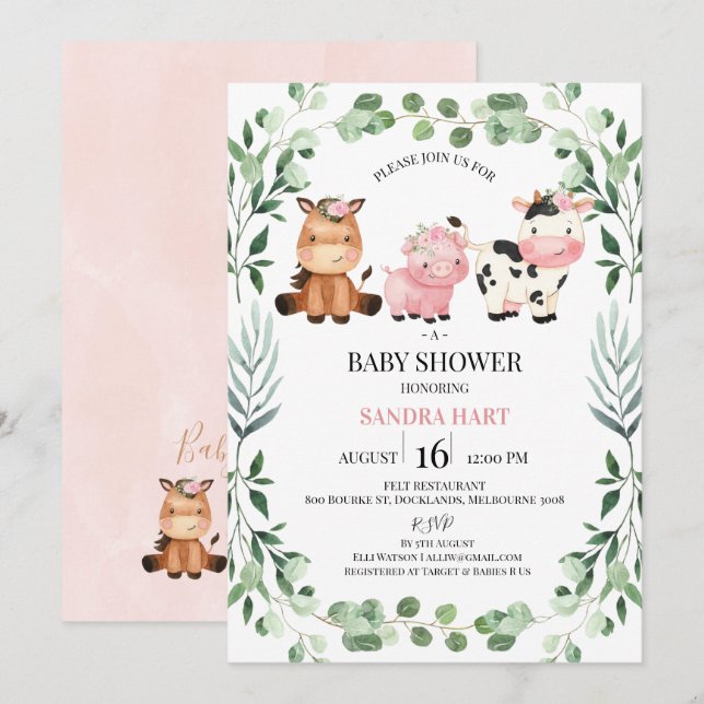 Invitation Filles Foliage Wreath Farm Animaux Baby shower (Devant / Derrière)
