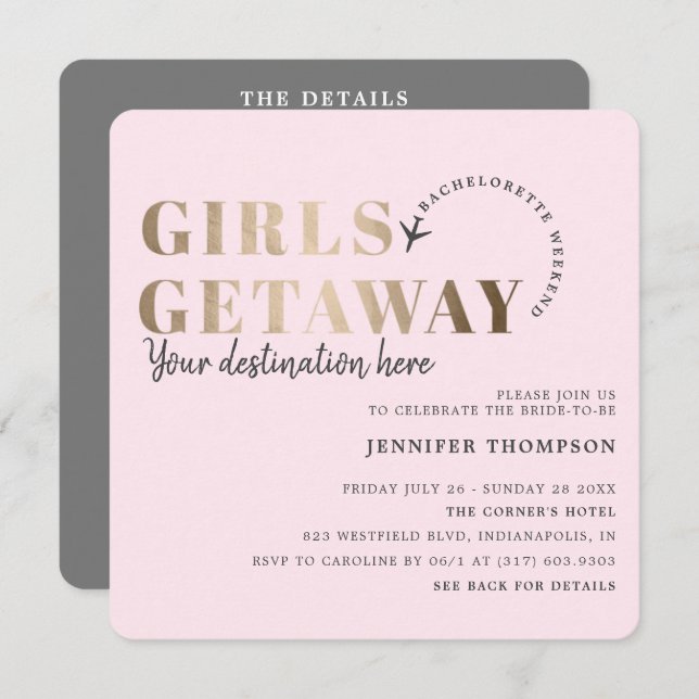 Invitation Filles Getaway Blush & Gold Bachelorette Week-end (Devant / Derrière)