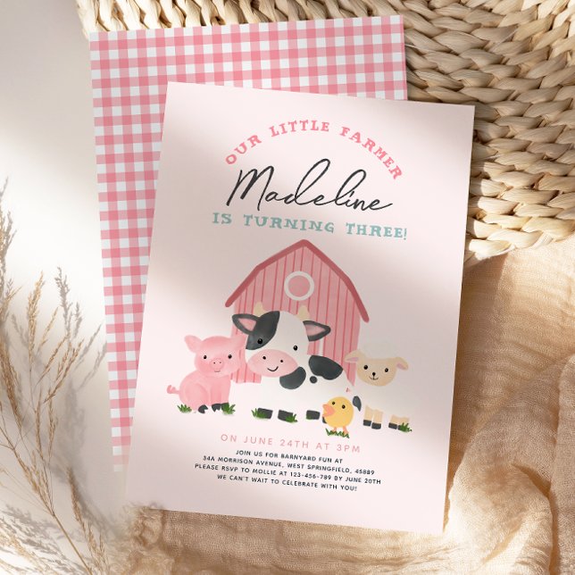 Invitation Filles Gingham Rose Ferme de la cour de la ferme 3 (Créateur téléchargé)