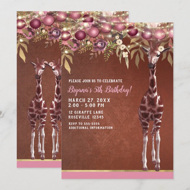 Invitation Filles Girafe Floral Rose & Or Fête d'anniversaire (Devant / Derrière)