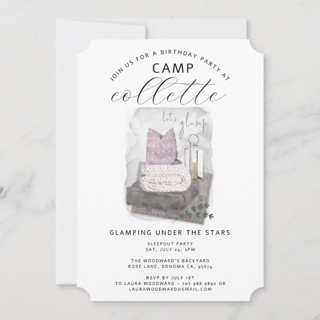 Invitation Filles Glamping Anniversaire Fête Cosy (Devant)