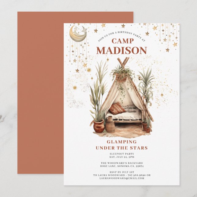 Invitation Filles Glamping Anniversaire Sous Les Étoiles (Devant / Derrière)