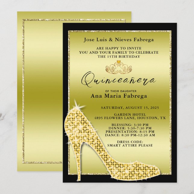Invitation Fille's Gold Stiletto Quinceañera fête d'anniversa (Devant / Derrière)