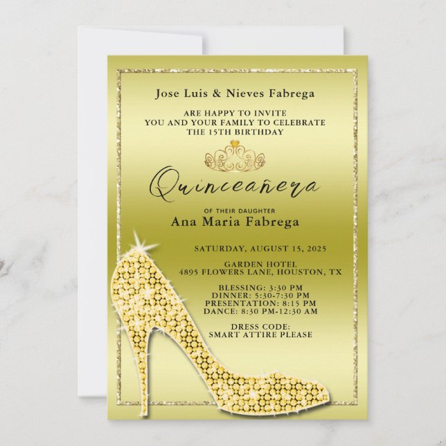 Invitation Fille's Gold Stiletto Quinceañera fête d'anniversa (Devant)