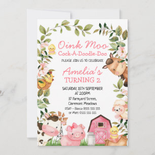 Invitation Filles Grange rose Animaux de ferme du feuillage A
