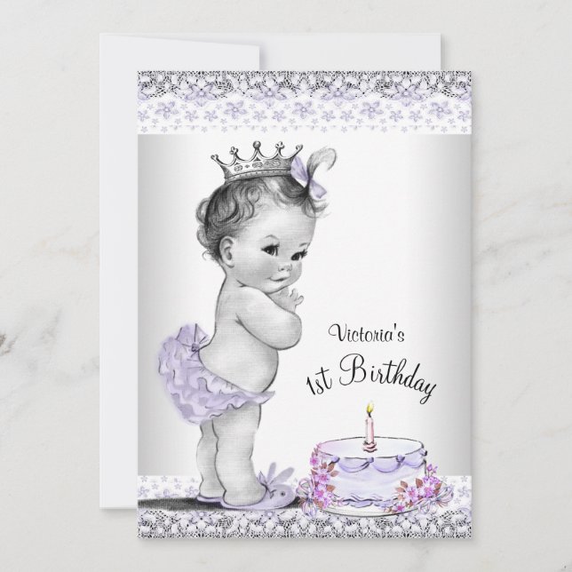 Invitation Filles Gris pourpre Premier anniversaire (Devant)