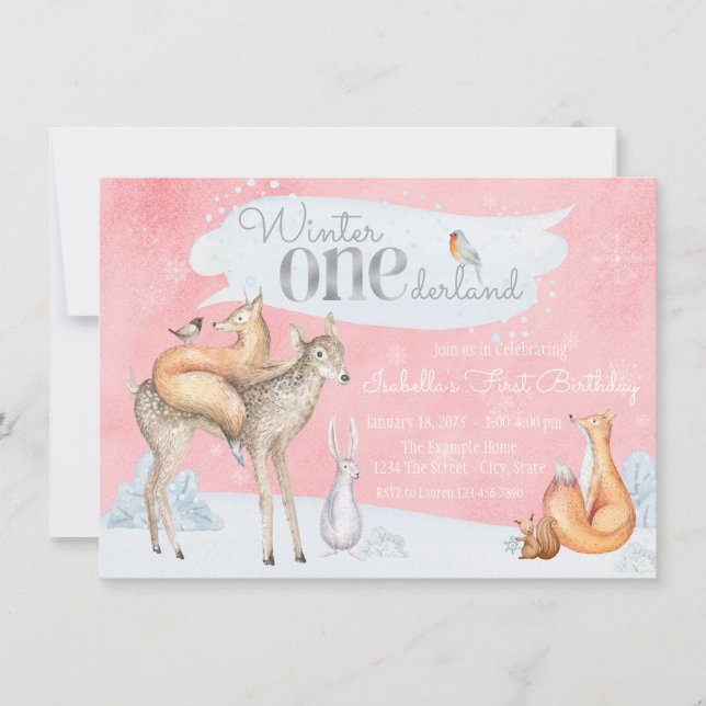 Invitation Filles Hiver ONE derland Woodland 1er anniversaire (Devant)