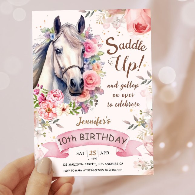 Invitation Filles Horse 10e anniversaire Fleurs en fleurs Sad (Créateur téléchargé)
