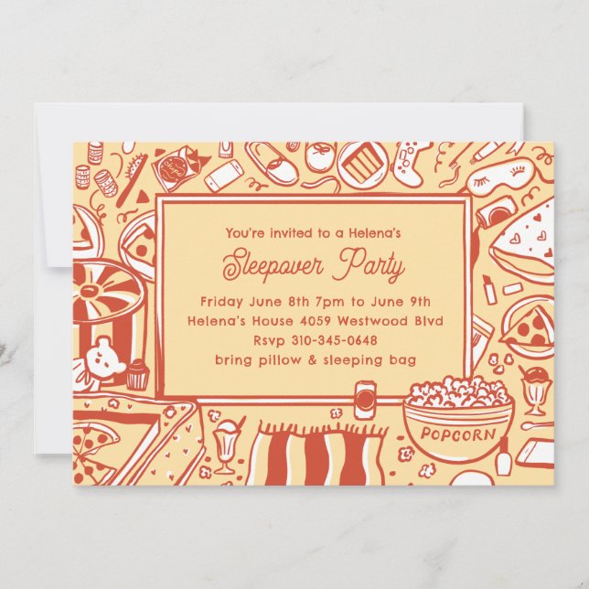 Invitation Filles Jaune Rouge Dormir Fête d'anniversaire (Devant)