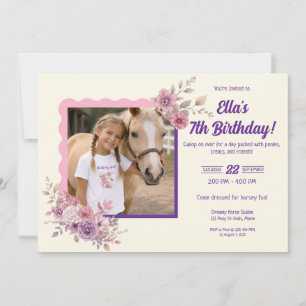 Invitation Filles Jolis Poneys Fleurs Pastel Photo Cheval