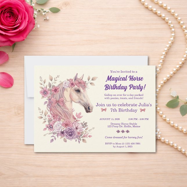 Invitation Filles Jolis Poneys Floral Pastel Cheval (Créateur téléchargé)