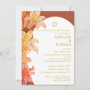 Invitation Filles Juives Twin Floral Naming Terracotta Hébreu