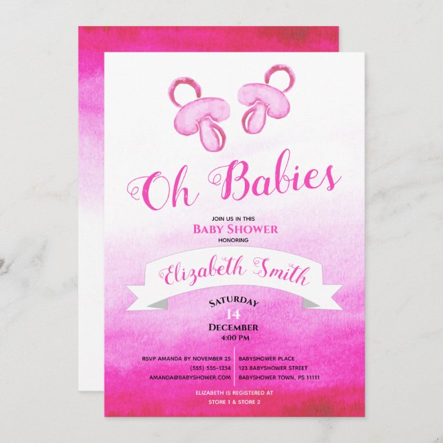 Invitation Filles jumelles aquarelle Baby shower (Devant / Derrière)