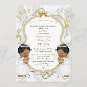 Invitation Filles jumelles Baptême Christening Gold Ethnic