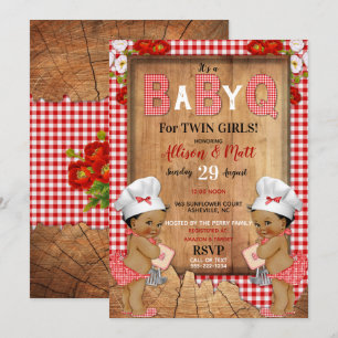 Invitation Filles jumelles bébé rouge Gingham bois bébé Q bar