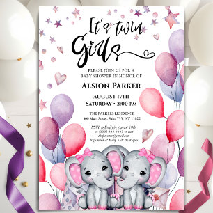 Invitation Filles Jumelles Éléphant Ballons Roses Fête de Nai