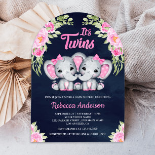 Invitation Filles Jumelles Éléphant Floral Rose Marine Baby S