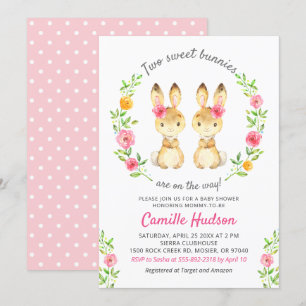 Invitation Filles jumelles lapin Baby shower rose floral saup