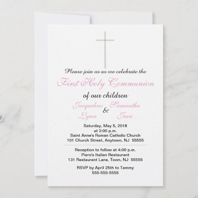 Invitation Filles jumelles rose clair Première communion sain (Devant)