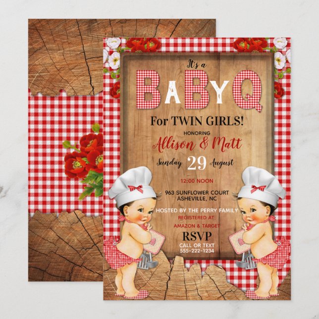Invitation Filles jumelles rouges Gingham bois bébé Q barbecu (Devant / Derrière)