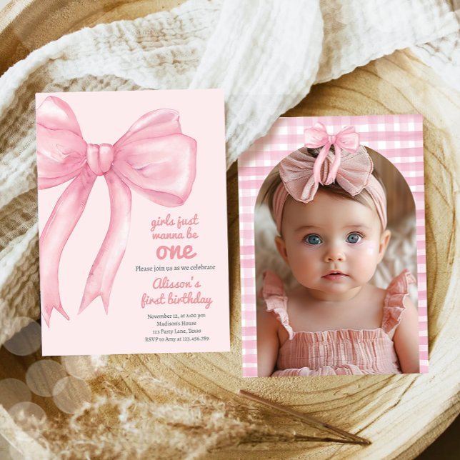 Invitation Filles Juste Wanne Be One Rose Bow Coquette Annive (Créateur téléchargé)