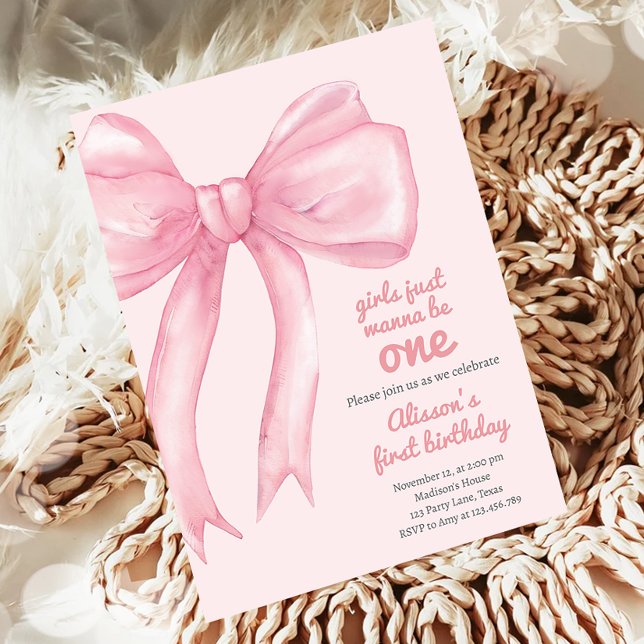 Invitation Filles Juste Wanne Be One Rose Bow Coquette Annive (Créateur téléchargé)