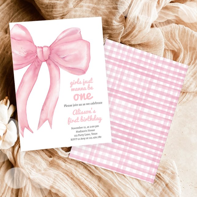 Invitation Filles Juste Wanne Be One Rose Bow Coquette Annive (Créateur téléchargé)