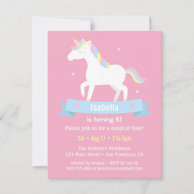 Invitation Filles Licorne Blanche Fête d'anniversaire Rose (Devant)