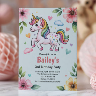 Invitation Filles Licorne Rose Mignon Anniversaire Enfants 3 