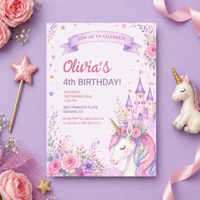 Invitation Filles Licorne Violette 4ème Anniversaire (Créateur téléchargé)