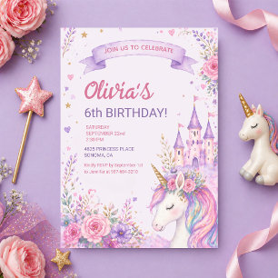 Invitation Filles Licorne Violette 6ème Anniversaire