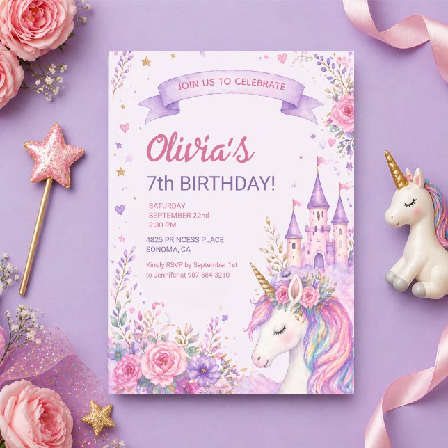 Invitation Filles Licorne Violette 7e Anniversaire (Créateur téléchargé)
