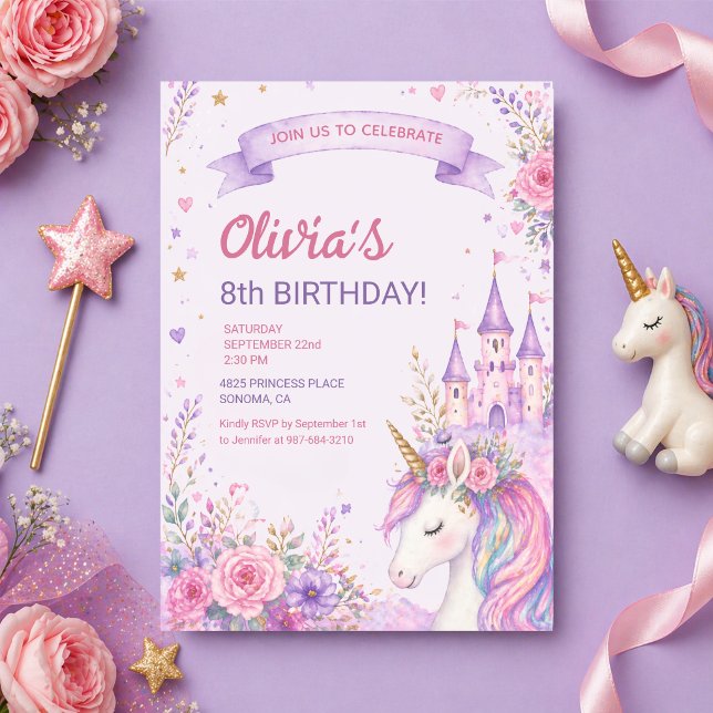 Invitation Filles Licorne Violette 8e Anniversaire (Créateur téléchargé)