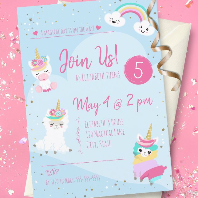 Invitation Filles Llamacorn Unicorn fête d'anniversaire (Créateur téléchargé)
