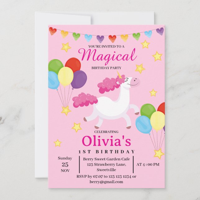 Invitation Filles Madical d'abord mignonne rose licorne Anniv (Devant)