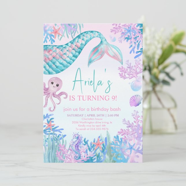 Invitation Filles Mermaid Bash sous la mer 1er anniversaire (Debout devant)