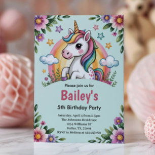 Invitation Filles Mignon Licorne Bleue Enfants Anniversaire
