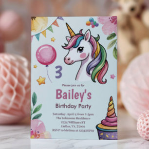 Invitation Filles Mignon Licorne Pastel Enfants 3ème Annivers