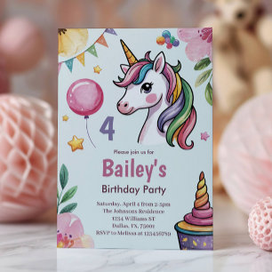 Invitation Filles Mignon Licorne Pastel Enfants 4ème Annivers