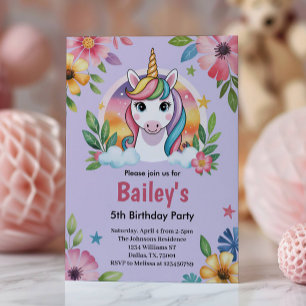 Invitation Filles Mignon Licorne Violet Anniversaire Enfants